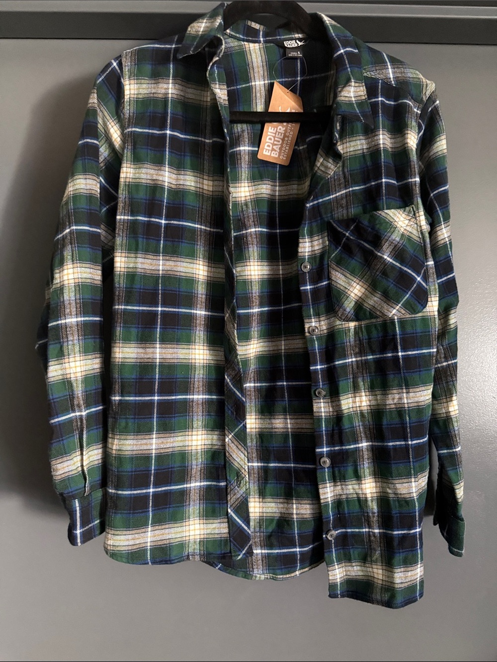 Eddie Bauer Navy, Green & Cream Plaid Flannel Shirt